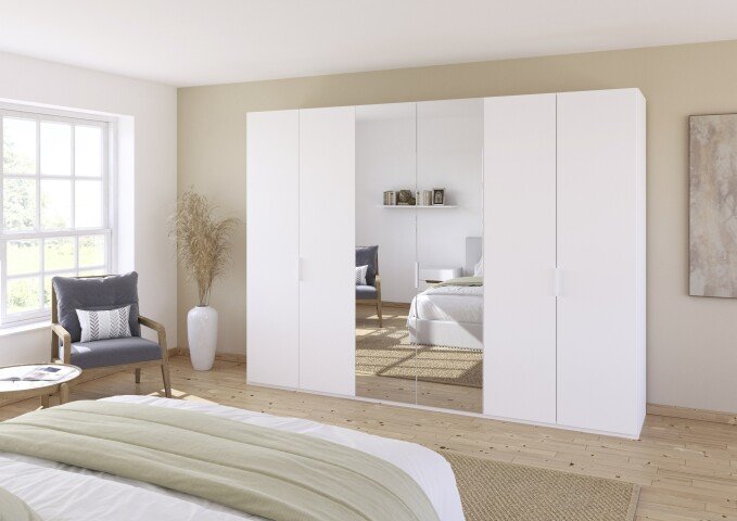 Drehtürenschrank >Fifty< 3 Böden / 3 Kleiderstangen, in alpinweiß / Spiegel - 301x223x61 (BxHxT)
