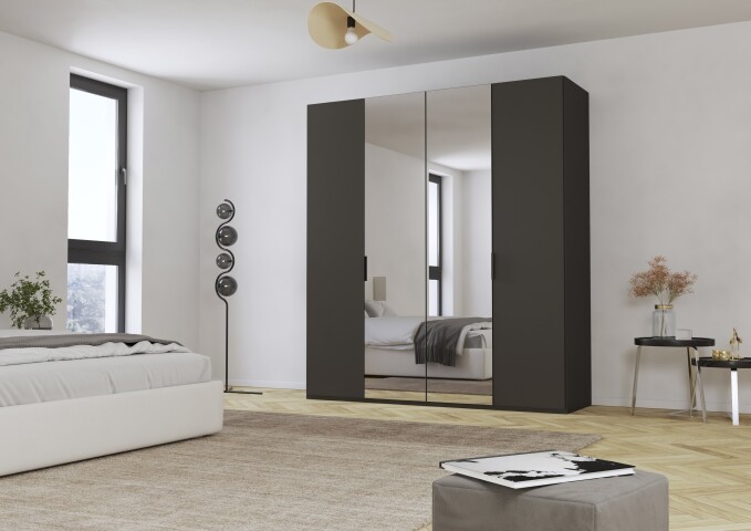 Drehtürenschrank >Fifty< 2 Böden / 2 Kleiderstangen, in graphit / Spiegel - 201x223x61 (BxHxT)