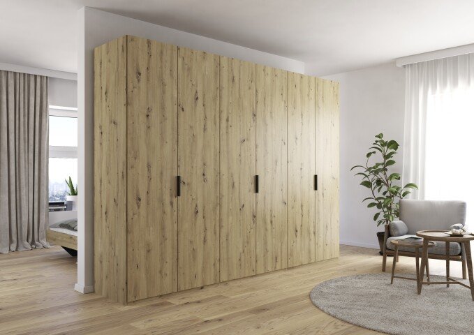 Drehtürenschrank >Fifty< 3 Böden / 3 Kleiderstangen, in Eiche Artisan Dekor - 301x223x60cm (BxHxT)