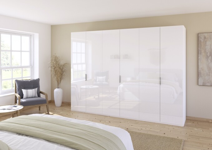 Drehtürenschrank >Fifty< 3 Böden / 3 Kleiderstangen, in weiß Hochglanz / alpinweiß - 301x223x60 (BxHxT)