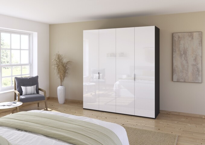 Drehtürenschrank >Fifty< 2 Böden / 2 Kleiderstangen, in weiß Hochglanz / graphit - 201x223x60 (BxHxT)