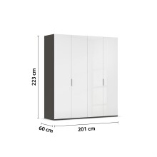 Drehtürenschrank >Fifty< 2 Böden / 2 Kleiderstangen, in weiß Hochglanz / graphit - 201x223x60 (BxHxT)
