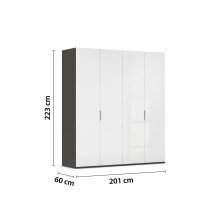 Drehtürenschrank >Fifty< 2 Böden / 2 Kleiderstangen, in weiß Hochglanz / graphit - 201x223x60 (BxHxT)