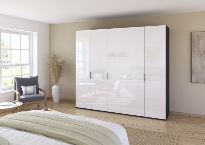 Drehtürenschrank >Fifty< 3 Böden / 3 Kleiderstangen, in weiß Hochglanz / graphit - 251x223x60 (BxHxT)