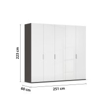 Drehtürenschrank >Fifty< 3 Böden / 3 Kleiderstangen, in weiß Hochglanz / graphit - 251x223x60 (BxHxT)