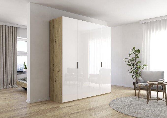 Drehtürenschrank >Fifty< 2 Böden / 2 Kleiderstangen, in weiß Hochglanz / Eiche Artisan Dekor - 201x223x60 (BxHxT)