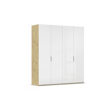 Drehtürenschrank >Fifty< 2 Böden / 2 Kleiderstangen, in weiß Hochglanz / Eiche Artisan Dekor - 201x223x60 (BxHxT)