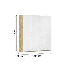 Drehtürenschrank >Fifty< 2 Böden / 2 Kleiderstangen, in weiß Hochglanz / Eiche Artisan Dekor - 201x223x60 (BxHxT)