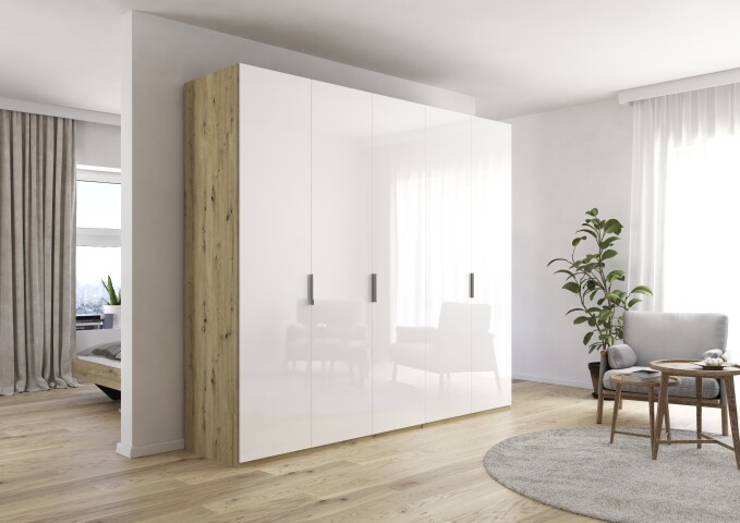 Drehtürenschrank >Fifty< 3 Böden / 3 Kleiderstangen, in weiß Hochglanz / Eiche Artisan Dekor - 251x223x60 (BxHxT)