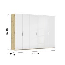 Drehtürenschrank >Fifty< 3 Böden / 3 Kleiderstangen, in weiß Hochglanz / Eiche Artisan Dekor - 301x223x60 (BxHxT)