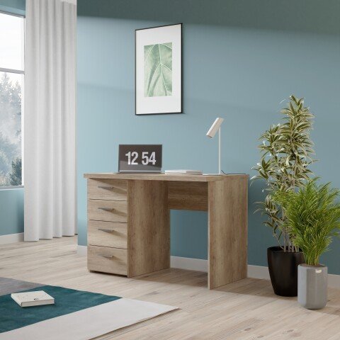 Schreibtisch >NET106< mit 4 Schubladen, in Eiche Antik Dekor - 110x76,5x60cm (BxHxT)