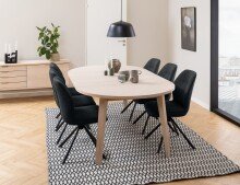 Kulissen-Esstisch >A-Line< rund mit Auszug bis 220cm, in Eiche weiss pigmentiert - 120(220)x75x120cm (BxHxT)