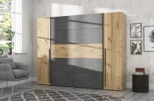Dreh-/Schwebetürenschrank >Narago< mit Inneneinteilung, in Betonoptik / Artisan Eiche Dekor - 270,3x210,5x61,2cm (B/H/T)