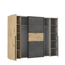 Dreh-/Schwebetürenschrank >Narago< mit Inneneinteilung, in Betonoptik / Artisan Eiche Dekor - 270,3x210,5x61,2cm (B/H/T)