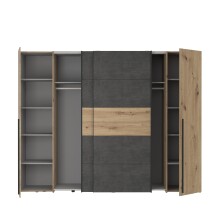 Dreh-/Schwebetürenschrank >Narago< mit Inneneinteilung, in Betonoptik / Artisan Eiche Dekor - 270,3x210,5x61,2cm (B/H/T)
