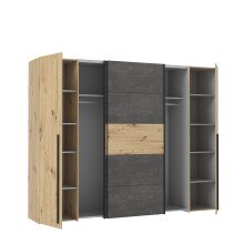 Dreh-/Schwebetürenschrank >Narago< mit Inneneinteilung, in Betonoptik / Artisan Eiche Dekor - 270,3x210,5x61,2cm (B/H/T)
