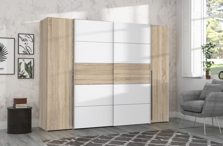 Dreh-/Schwebetürenschrank >Narago< mit Inneneinteilung, in Sonoma Eiche Dekor / Weiss - 270,3x210,5x61,2cm (BxHxT)