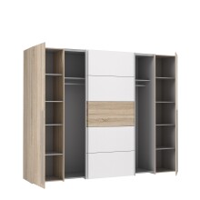 Dreh-/Schwebetürenschrank >Narago< mit Inneneinteilung, in Sonoma Eiche Dekor / Weiss - 270,3x210,5x61,2cm (BxHxT)