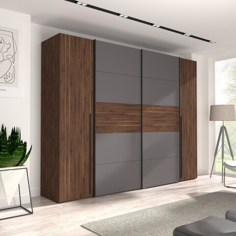 Dreh-/Schwebetürenschrank >Narago< mit Inneneinteilung, in Bakersfield Walnuss Dekor / Grau - 270,3x210,5x61,2cm (B/H/T)