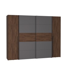 Dreh-/Schwebetürenschrank >Narago< mit Inneneinteilung, in Bakersfield Walnuss Dekor / Grau - 270,3x210,5x61,2cm (B/H/T)