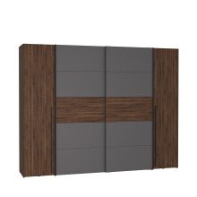 Dreh-/Schwebetürenschrank >Narago< mit Inneneinteilung, in Bakersfield Walnuss Dekor / Grau - 270,3x210,5x61,2cm (B/H/T)