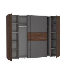 Dreh-/Schwebetürenschrank >Narago< mit Inneneinteilung, in Bakersfield Walnuss Dekor / Grau - 270,3x210,5x61,2cm (B/H/T)
