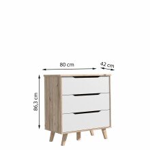 Schubkastenkommode >VANKKA< 3 Schubladen, in Planked Eiche Dekor ,weiß - 80x86,3x42cm (BxHxT)
