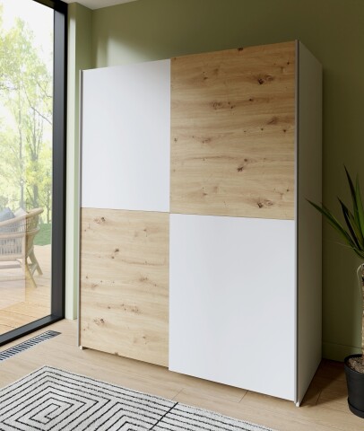 Schiebetürenschrank >Schach&Matt< in Artisan Eiche Dekor / Weiss - 150,1x190,5x61,2cm (BxHxT)