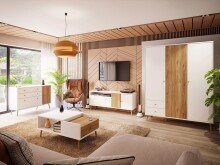 Sideboard >Harllson< 2 Schubladen, 1 Tür, 1 Klappe, in Weiss / Mauvella Eiche Dekor - 124,5x86,5x41,5cm (BxHxT)