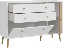 Sideboard >Harllson< 2 Schubladen, 1 Tür, 1 Klappe, in Weiss / Mauvella Eiche Dekor - 124,5x86,5x41,5cm (BxHxT)