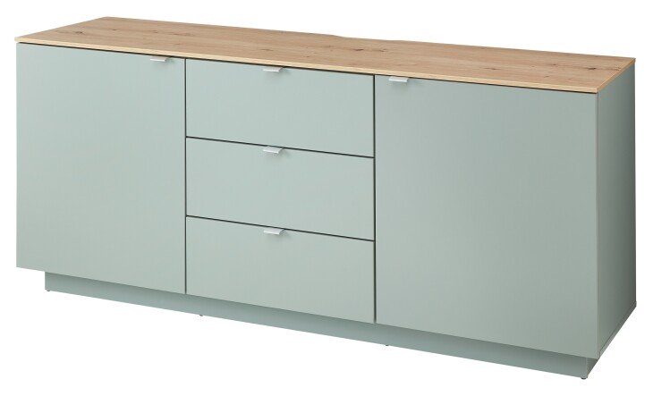Lowboard >Core< 3 Schubladen, 2 Türen, in schilfgrün supermatt / Artisan Eiche Dekor - 180x77x44 (BxHxT)