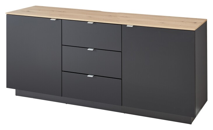 Lowboard >Core< 3 Schubladen, 2 Türen, in schwarz supermatt / Artisan Eiche Dekor - 180x77x44 (BxHxT)