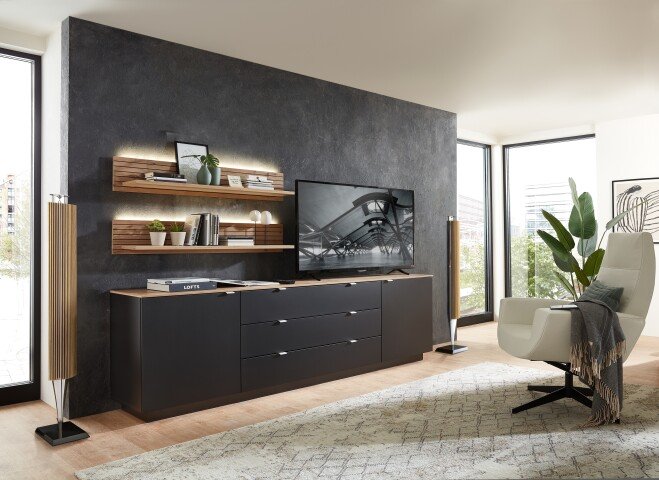 Wohnwand >Core< (3-teilig) in schwarz matt / Artisan Dekor - 240x77x44 (BxHxT)