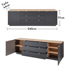 Wohnwand >Core< (3-teilig) in schwarz matt / Artisan Dekor - 240x77x44 (BxHxT)