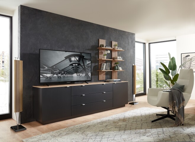 Wohnwand >Core< (3-teilig) in schwarz matt / Artisan Dekor - 240x77x44 (BxHxT)