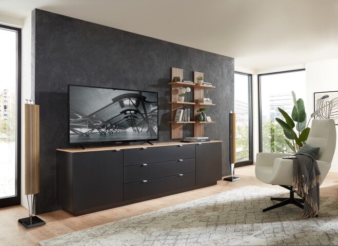 Wohnwand >Core< (3-teilig) in schwarz matt / Artisan Dekor - 240x77x44 (BxHxT)