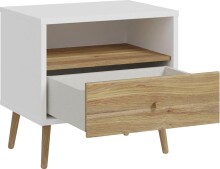 Nachtkommode >Harllson< 1 Schublade, 1 Fach, in Weiss/ Mauvella Eiche Dekor - 59,8x57,7x41,5cm (BxHxT)
