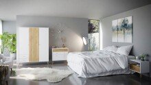 Nachtkommode >Harllson< 1 Schublade, 1 Fach, in Weiss/ Mauvella Eiche Dekor - 59,8x57,7x41,5cm (BxHxT)