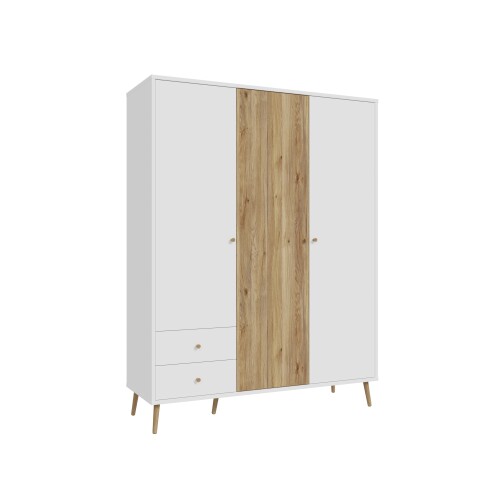 Kleiderschrank >Harllson< 3 Türen, 2 Schubladen, Inneneinteilung, in Weiss/ Mauvella Eiche Dekor - 154,2x201,7x52,2cm (BxHxT)