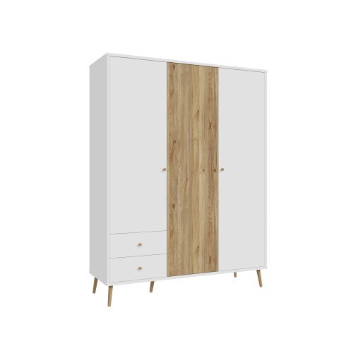 Kleiderschrank >Harllson< 3 Türen, 2 Schubladen, Inneneinteilung, in Weiss/ Mauvella Eiche Dekor - 154,2x201,7x52,2cm (BxHxT)