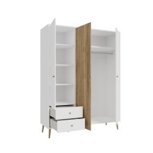 Kleiderschrank >Harllson< 3 Türen, 2 Schubladen, Inneneinteilung, in Weiss/ Mauvella Eiche Dekor - 154,2x201,7x52,2cm (BxHxT)