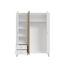 Kleiderschrank >Harllson< 3 Türen, 2 Schubladen, Inneneinteilung, in Weiss/ Mauvella Eiche Dekor - 154,2x201,7x52,2cm (BxHxT)