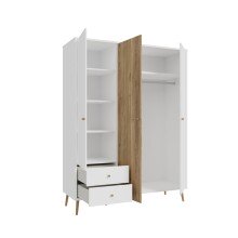 Kleiderschrank >Harllson< 3 Türen, 2 Schubladen, Inneneinteilung, in Weiss/ Mauvella Eiche Dekor - 154,2x201,7x52,2cm (BxHxT)