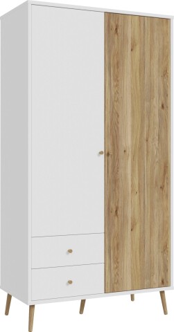 Kleiderschrank >Harllson< 2 Türen, 2 Schubladen, Inneneinteilung, in Weiss/ Mauvella Eiche Dekor - 104,5x201,7x52,2cm (BxHxT)