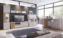 Glasvitrine >ALVERNO< in Asche/Coast Evoke Eiche Lamelle-Dekor - 50x208x40 (BxHxT)