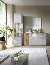Glasvitrine >ALVERNO< in Asche/Coast Evoke Eiche Lamelle-Dekor - 50x208x40 (BxHxT)