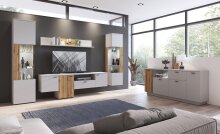 Glasvitrine >ALVERNO< in Asche/Coast Evoke Eiche Lamelle-Dekor - 50x208x40 (BxHxT)