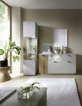 Stauraumvitrine >ALVERNO< 2 Türen, in Asche/Coast Evoke Eiche Lamelle-Dekor - 80x139x40 (BxHxT)