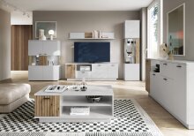 Stauraumvitrine >ALVERNO< 2 Türen, in Asche/Coast Evoke Eiche Lamelle-Dekor - 80x139x40 (BxHxT)