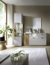 Stauraumvitrine >ALVERNO< 2 Türen, in Asche/Coast Evoke Eiche Lamelle-Dekor - 80x139x40 (BxHxT)